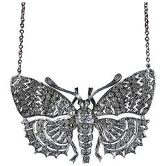 Victorian Paste Emerald Silver Butterfly Pendant Necklace 