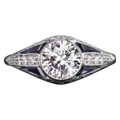 Bague de fiançailles saphir et diamant brillant rond d'inspiration Art déco