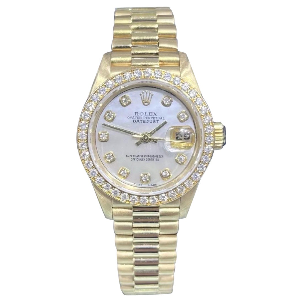 Rolex Datejust 18K Gold President 69138 Diamond Bezel MOP Dial Ladies 26mm Watch