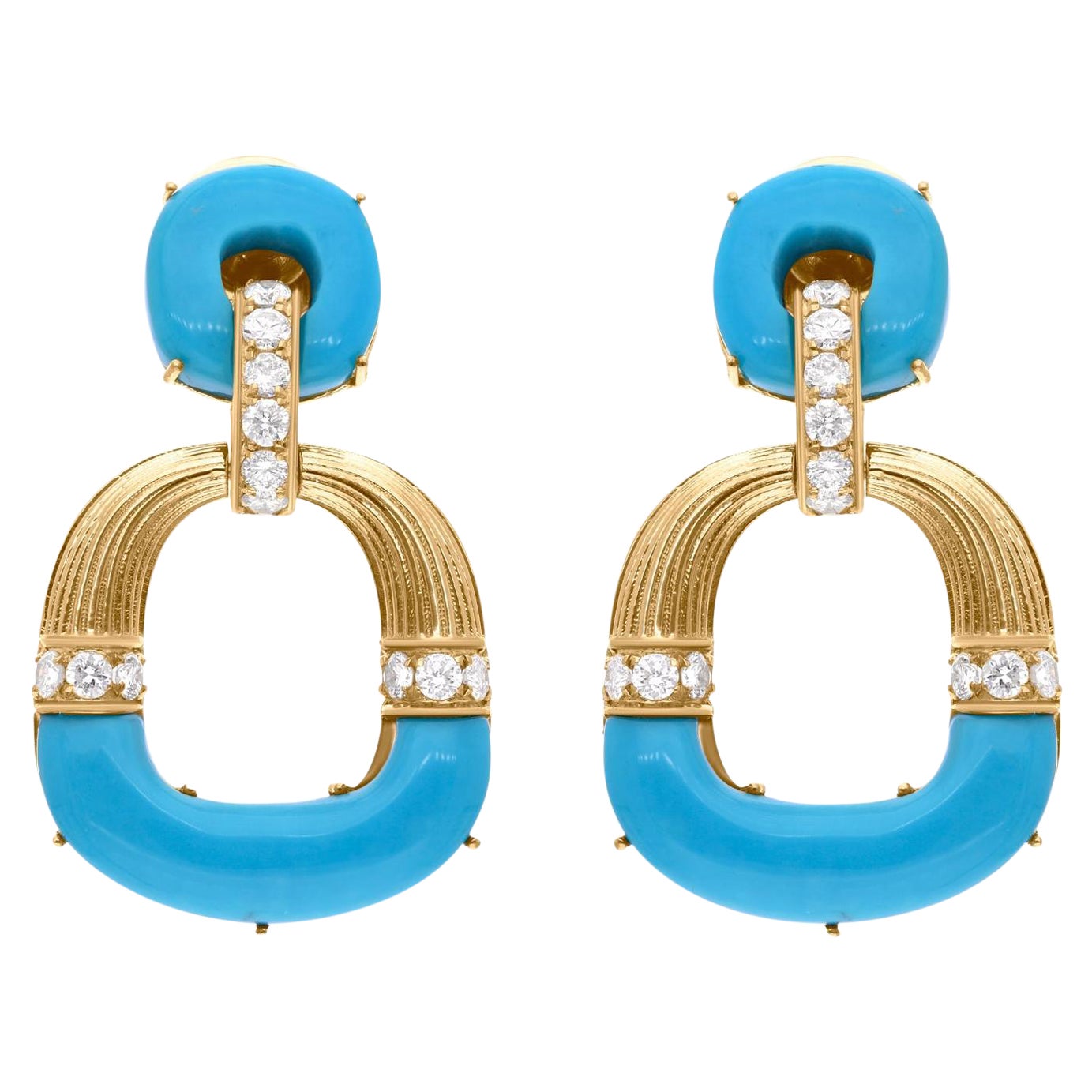 Pendientes Colgantes de Oro Amarillo de 14 Kilates con Gema Turquesa de Arizona SI/HI Diamante