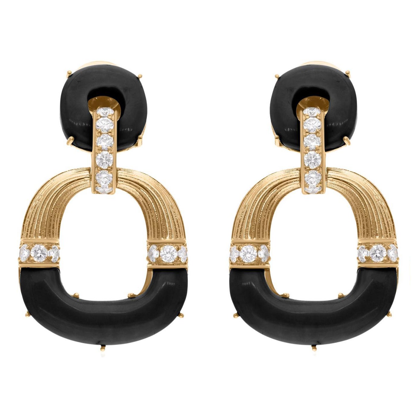 Natural Black Onyx Gemstone SI/HI Diamond 18 Karat Yellow Gold Dangle Earrings