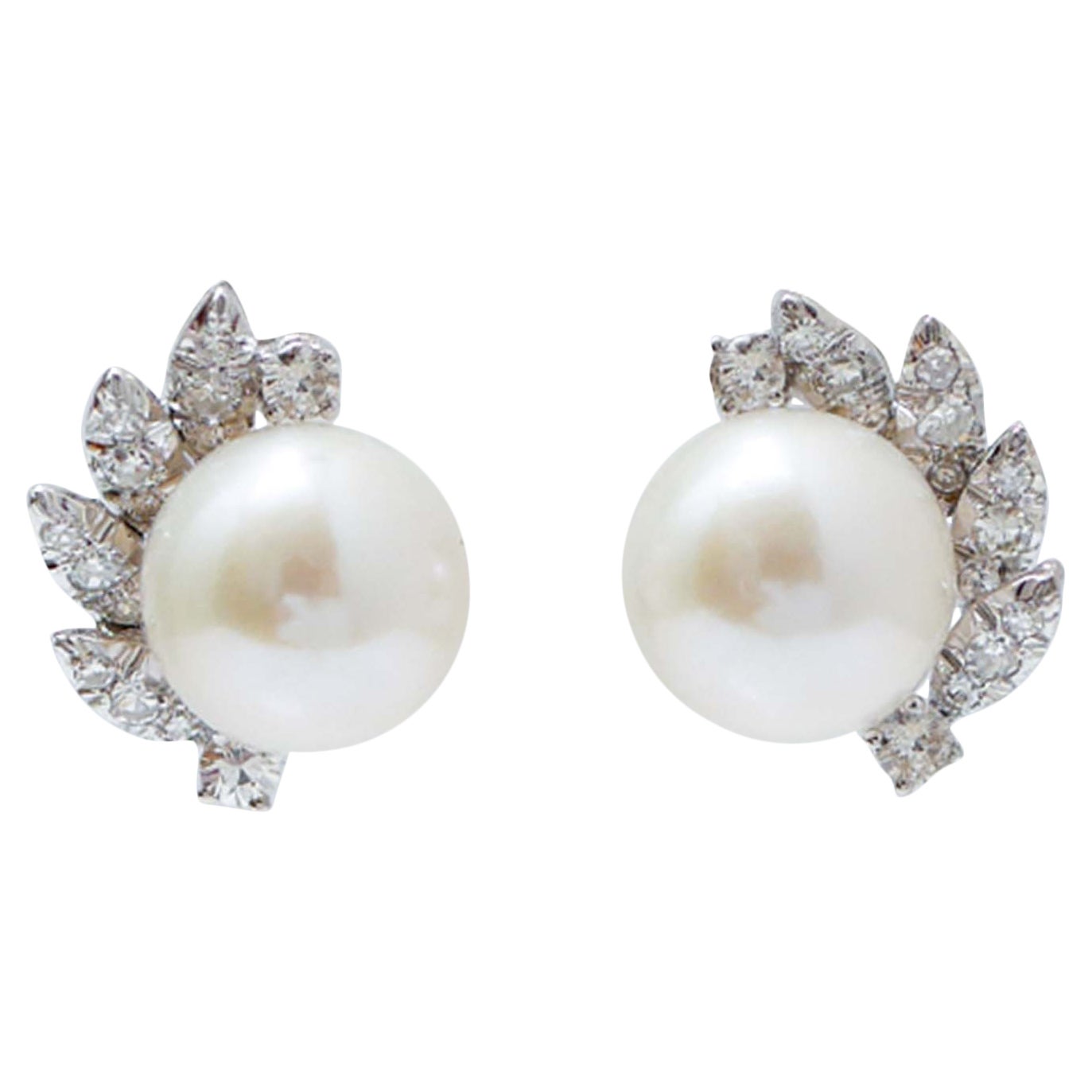 Pearls, Diamonds, 18 Karat White Gold Earrings.