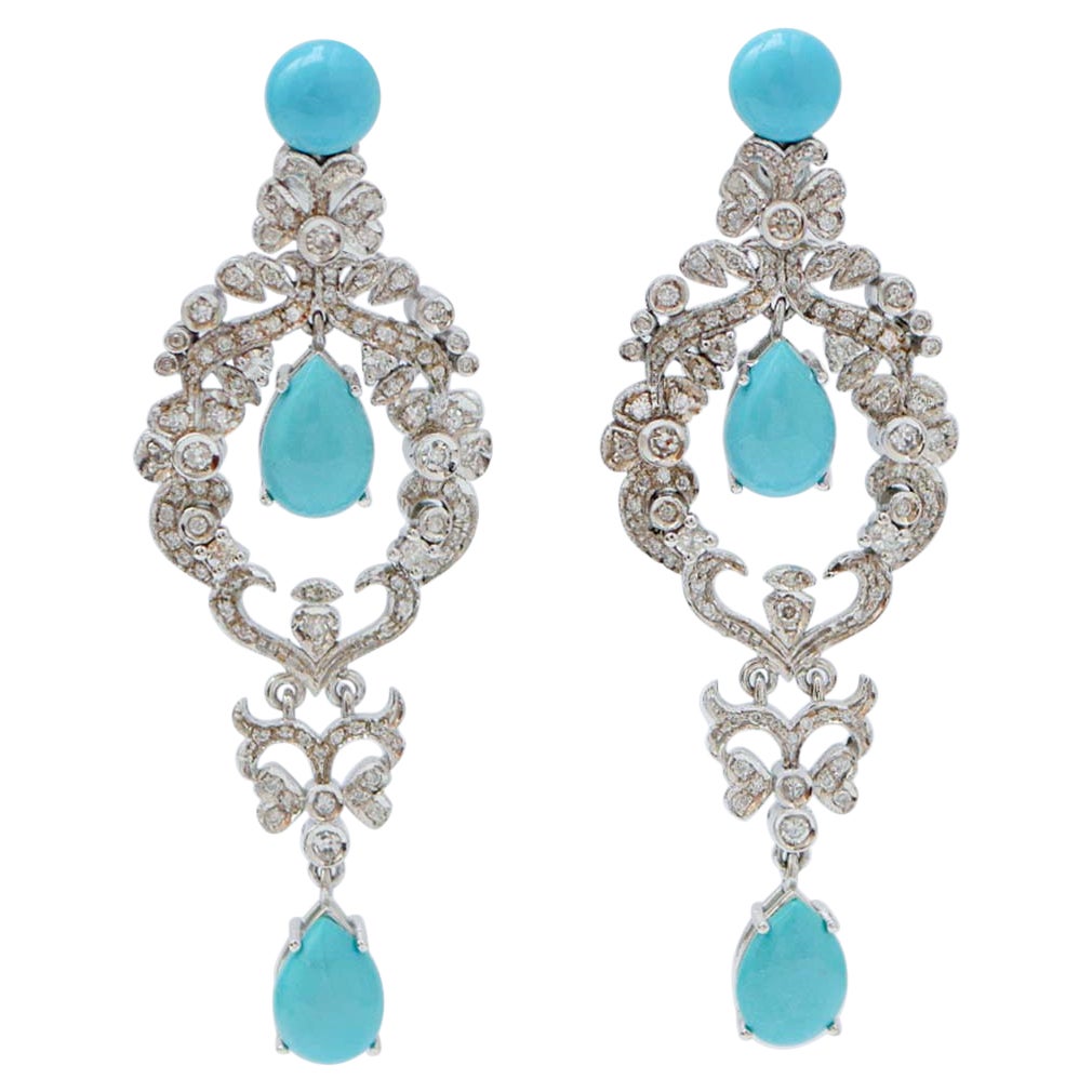 Turquoise, Diamonds, 14 Karat White Gold Earrings.
