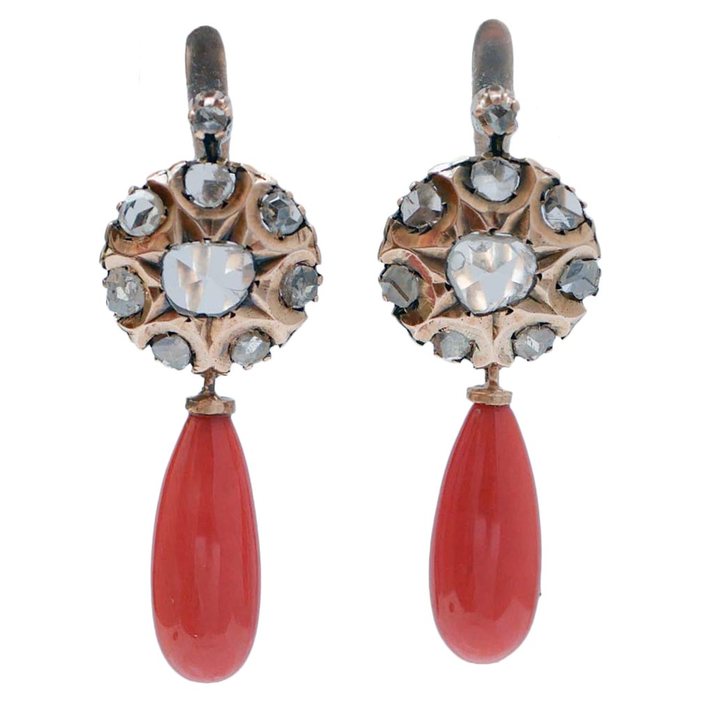 Pendientes de coral, diamantes y oro rosa de 12 quilates. en venta