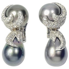 Grey Tahitian pearls Paved With White Diamonds and 18K White Gold Clip Earrings