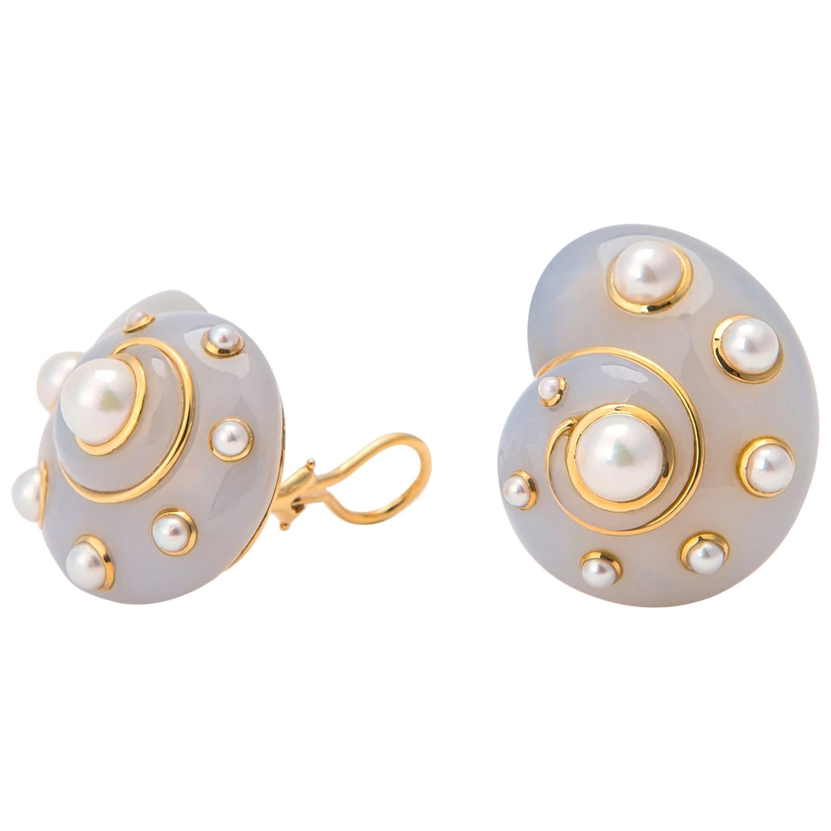 Verdura Chalcedony and Pearl Shell Earrings