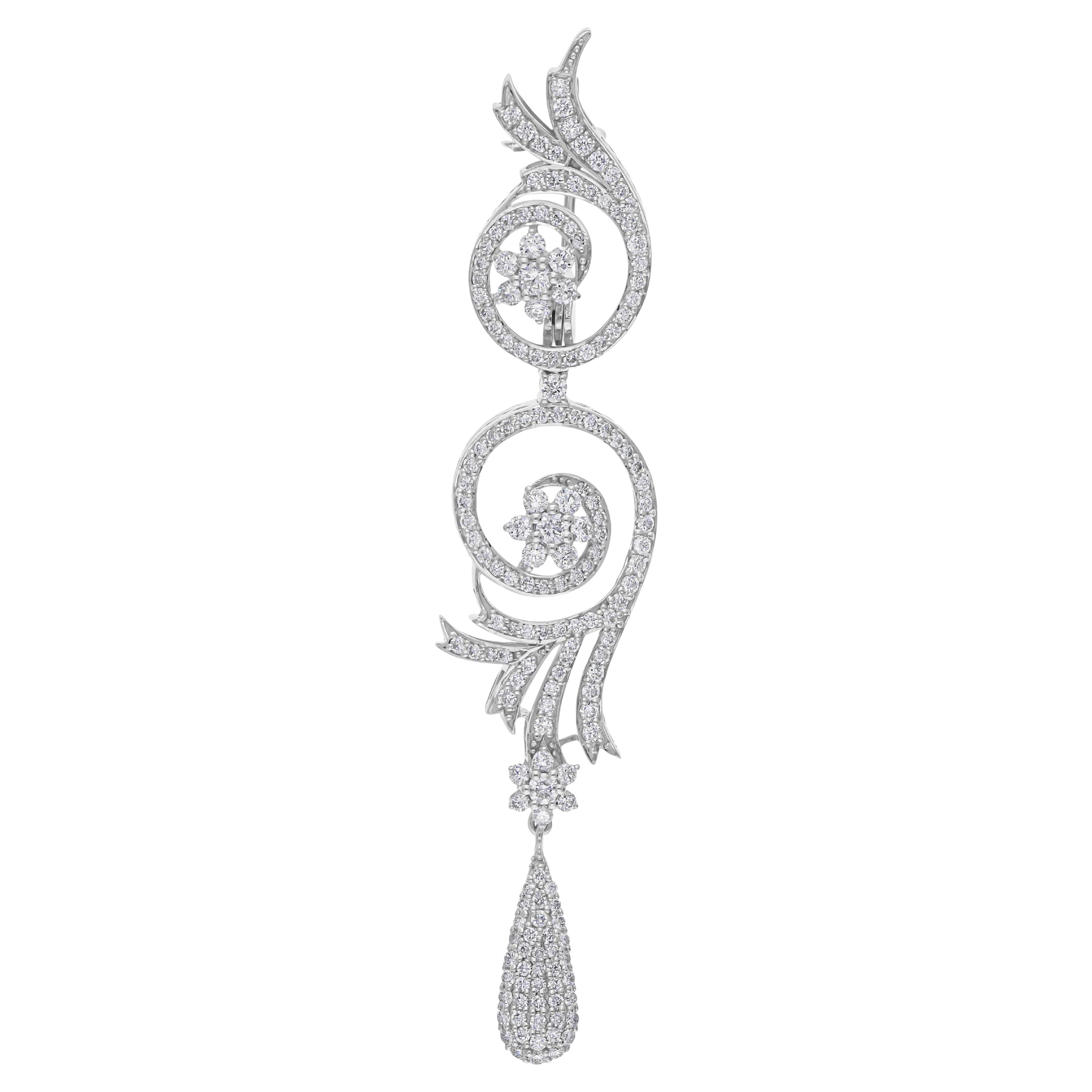 1.65 Carat SI Clarity HI Color Diamond Flower Brooch Pendant 14 Karat White Gold