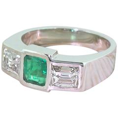 Retro Colombian Emerald Baguette Cut Diamond Platinum Trilogy Ring