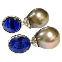 Bochic “Orient” South Sea Pearl & Blue Sapphire Earrings Set 18K Gold & Silver