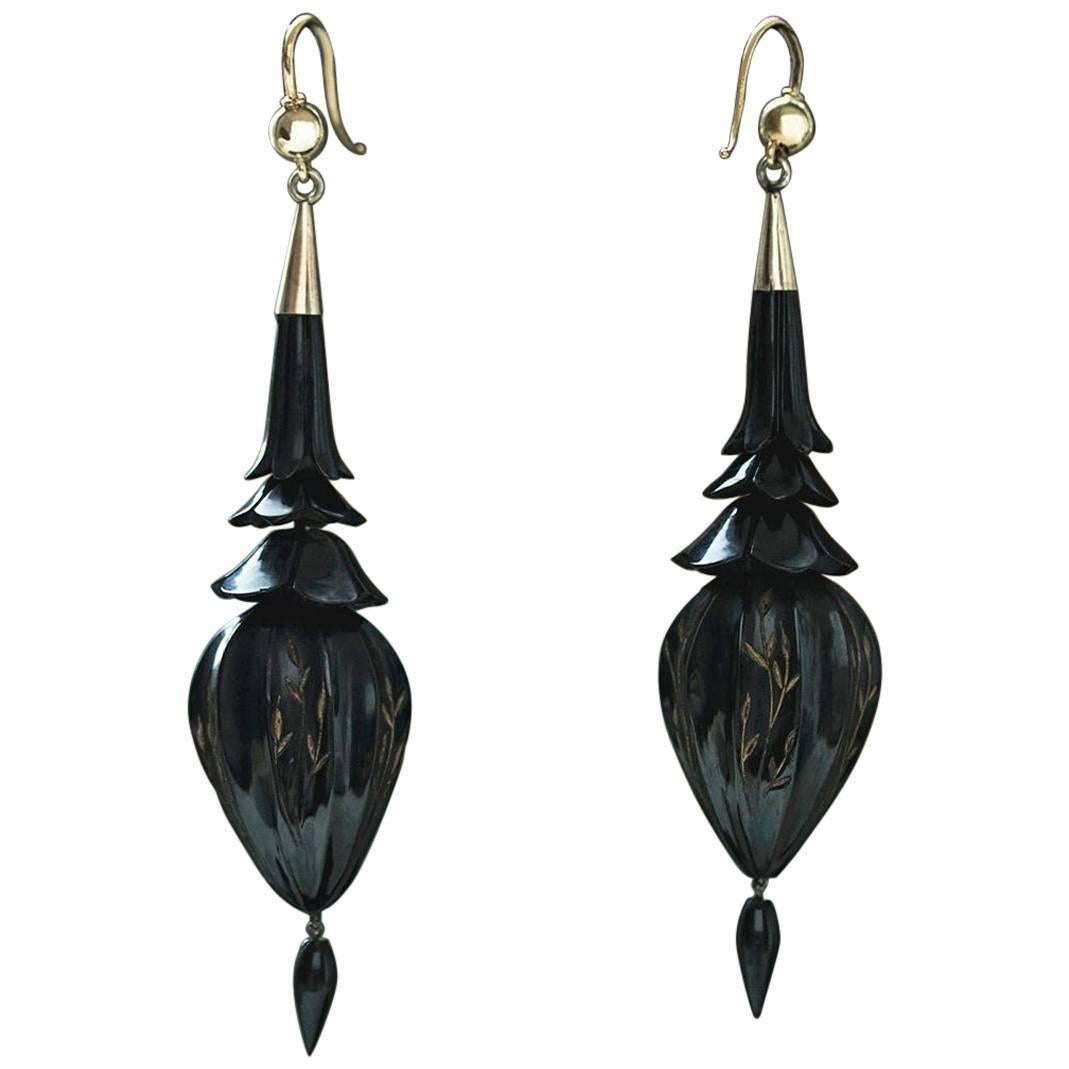 Victorian Carved Whitby Jet Drop Earrings For Sale