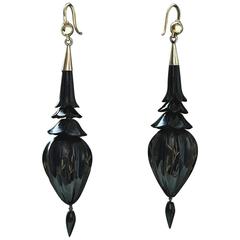 Antique Victorian Carved Whitby Jet Drop Earrings