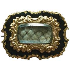 Georgian Black Enamel and Gold Mourning Brooch in Antique Case