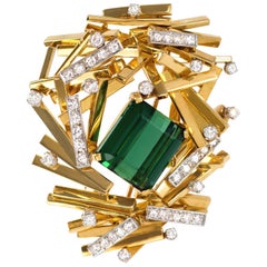 1970s H. Stern Modernist Diamond Tourmaline Gold and Platinum Brooch