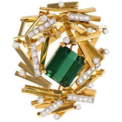 1970s H. Stern Modernist Diamond Tourmaline Gold and Platinum Brooch