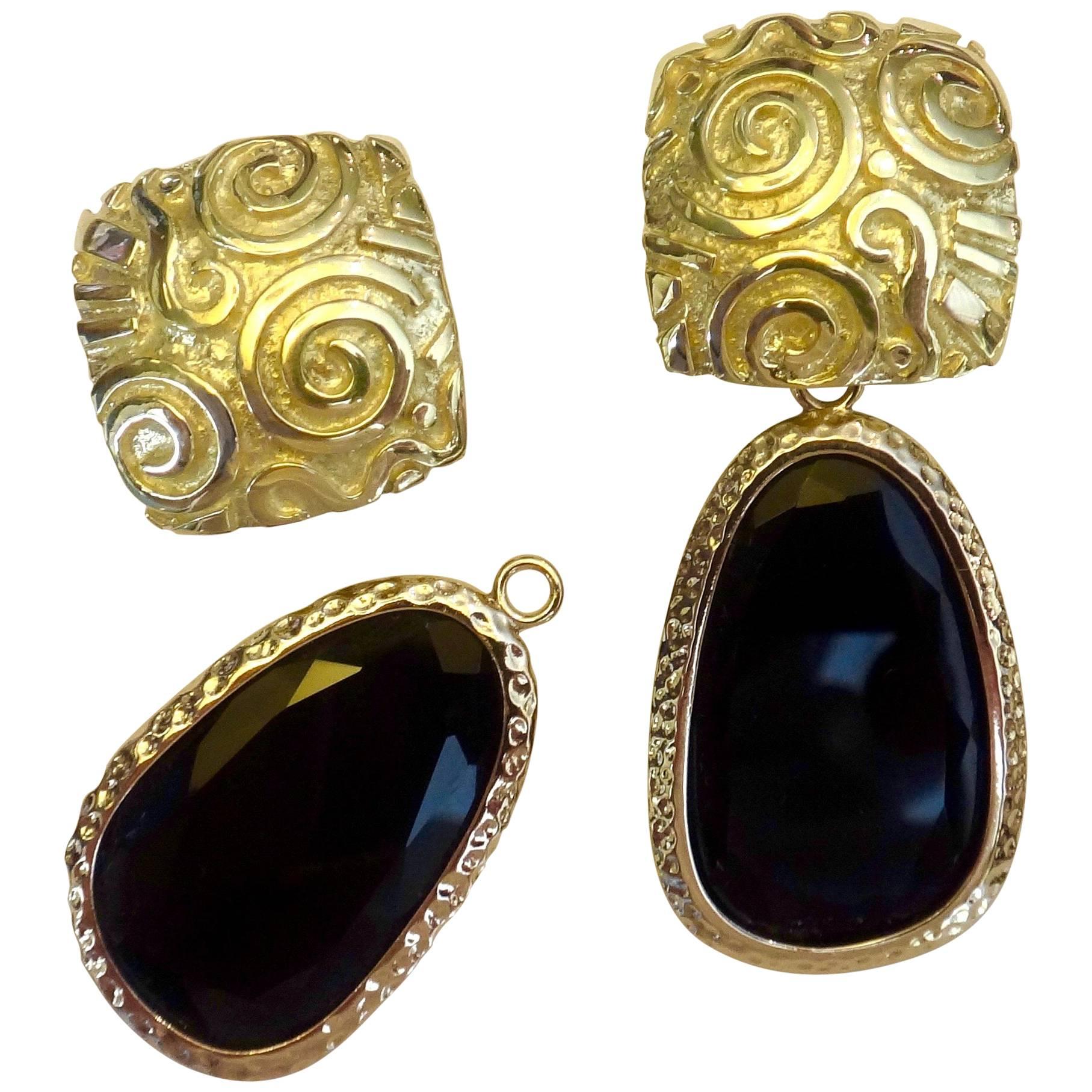 Michael Kneebone 18 Karat Yellow Gold Black Onyx "Petroglyph" Dangle Earrings