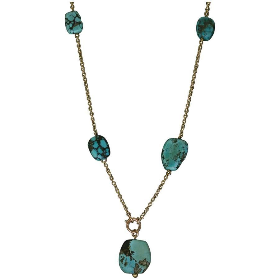 Edwardian Turquoise Nugget 18 Karat Necklace For Sale