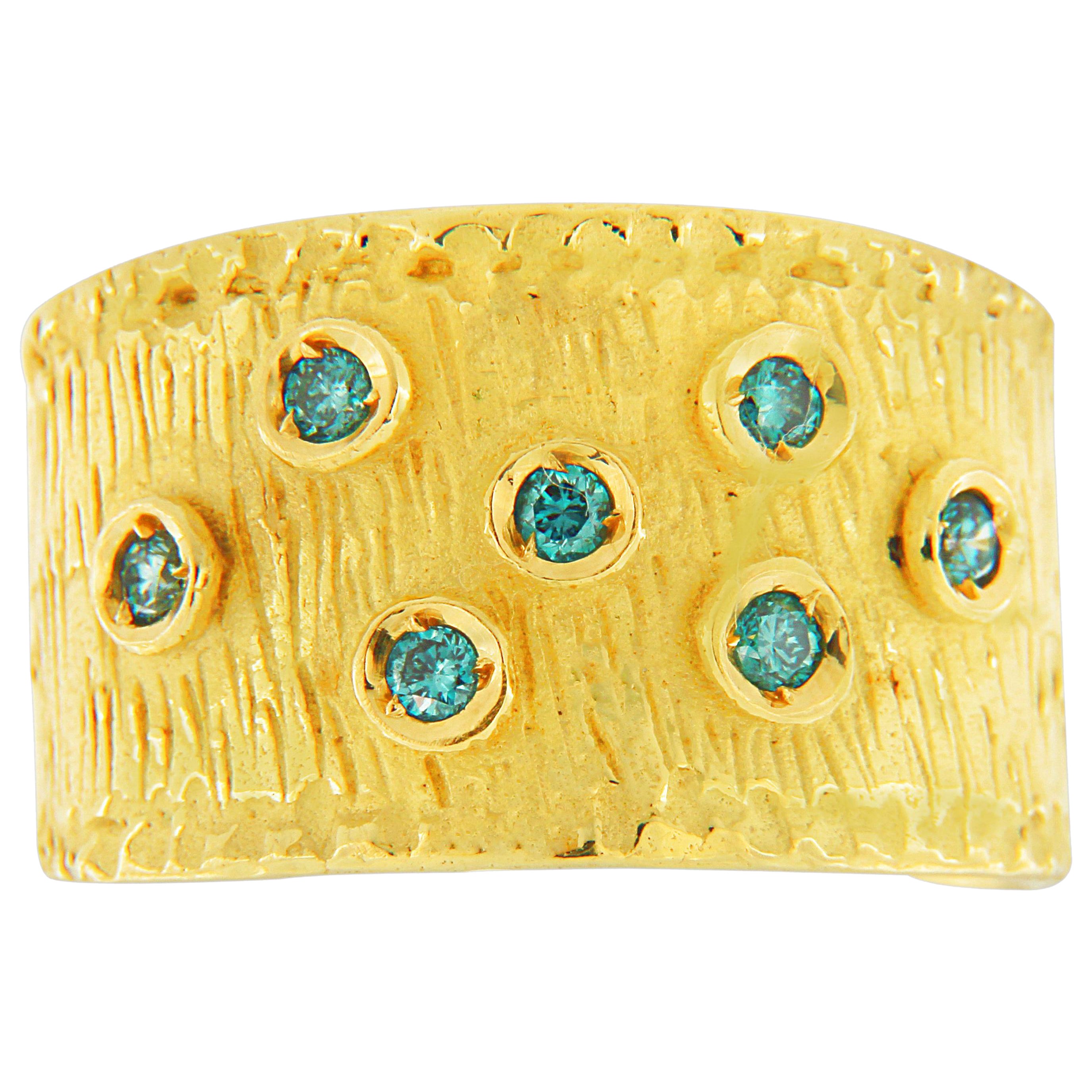Sacchi Blue Diamonds Gemstone 18 Karat Yellow Gold Wide Band Ring Roman Style