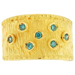 Sacchi Blue Diamonds Gemstone 18 Karat Yellow Gold Wide Band Ring Roman Style