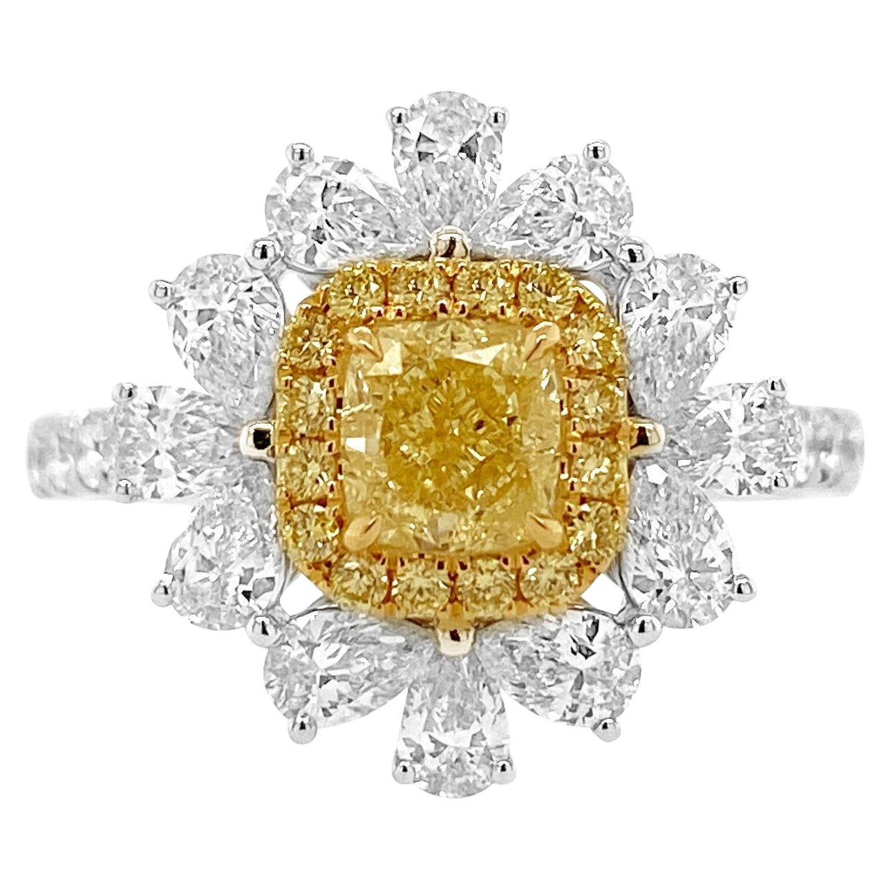 GIA-zertifizierter Ring mit natürlichem gelben Fancy-Diamanten und weißem Diamanten im Kissenschliff
