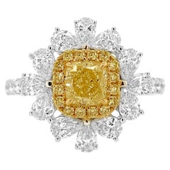 GIA certified Cushion cut Natural Fancy Yellow Diamond and White Diamond ring