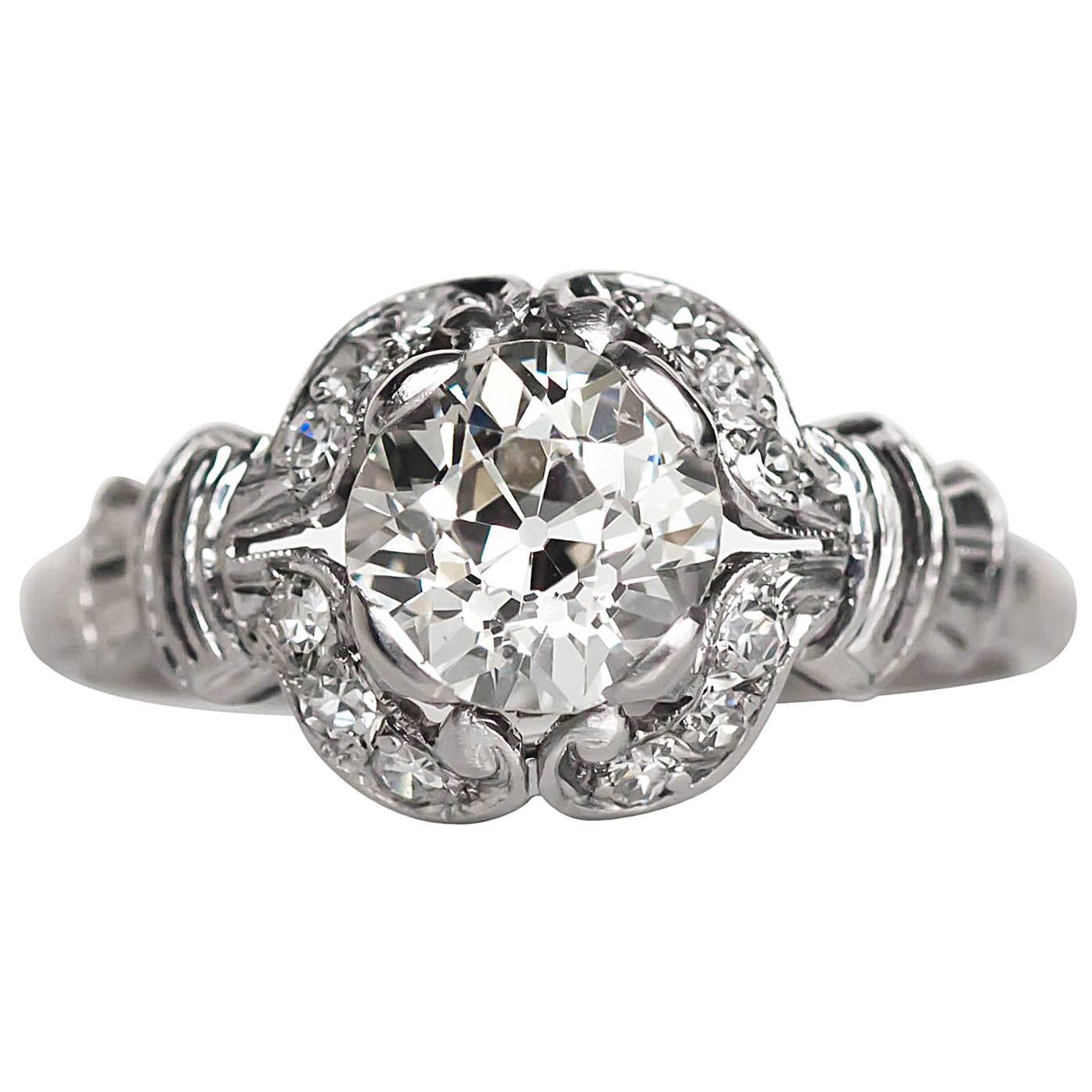 1910 Edwardian Platinum GIA Certified 1.02 Carat Diamond Engagement Ring For Sale