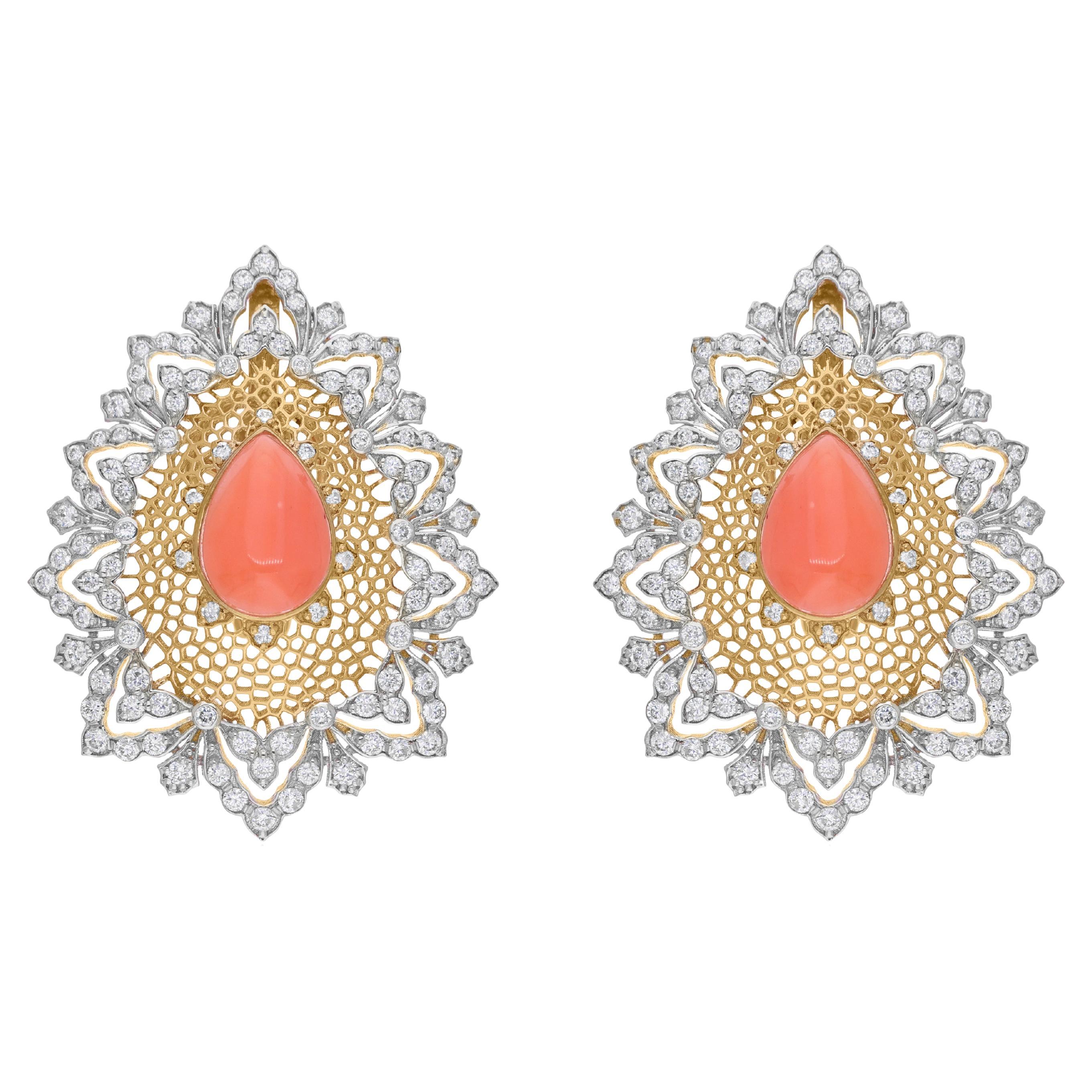 3.98 Carat Coral Gemstone 1.62 Carat SI/H Diamond Earrings 14 Karat White Gold