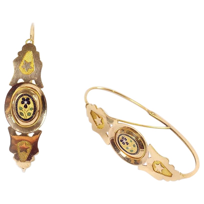 Antique large earrings in 18k gold, enamelled poissardes earrings, France