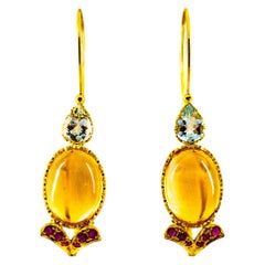 Orecchini a leva in oro giallo Art Nouveau 15,37 carati con rubino, acquamarina e citrino