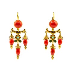 Art Nouveau Mediterranean Red Coral Emerald Enamel Yellow Gold Stud Earrings