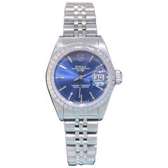 Rolex Date Ladies Stainless Steel Watch Quickset Jubilee Band Blue Dial 69240