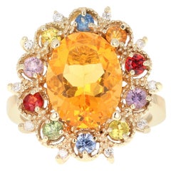 4.33 Carat Fire Opal Sapphire Diamond Yellow Gold Ring