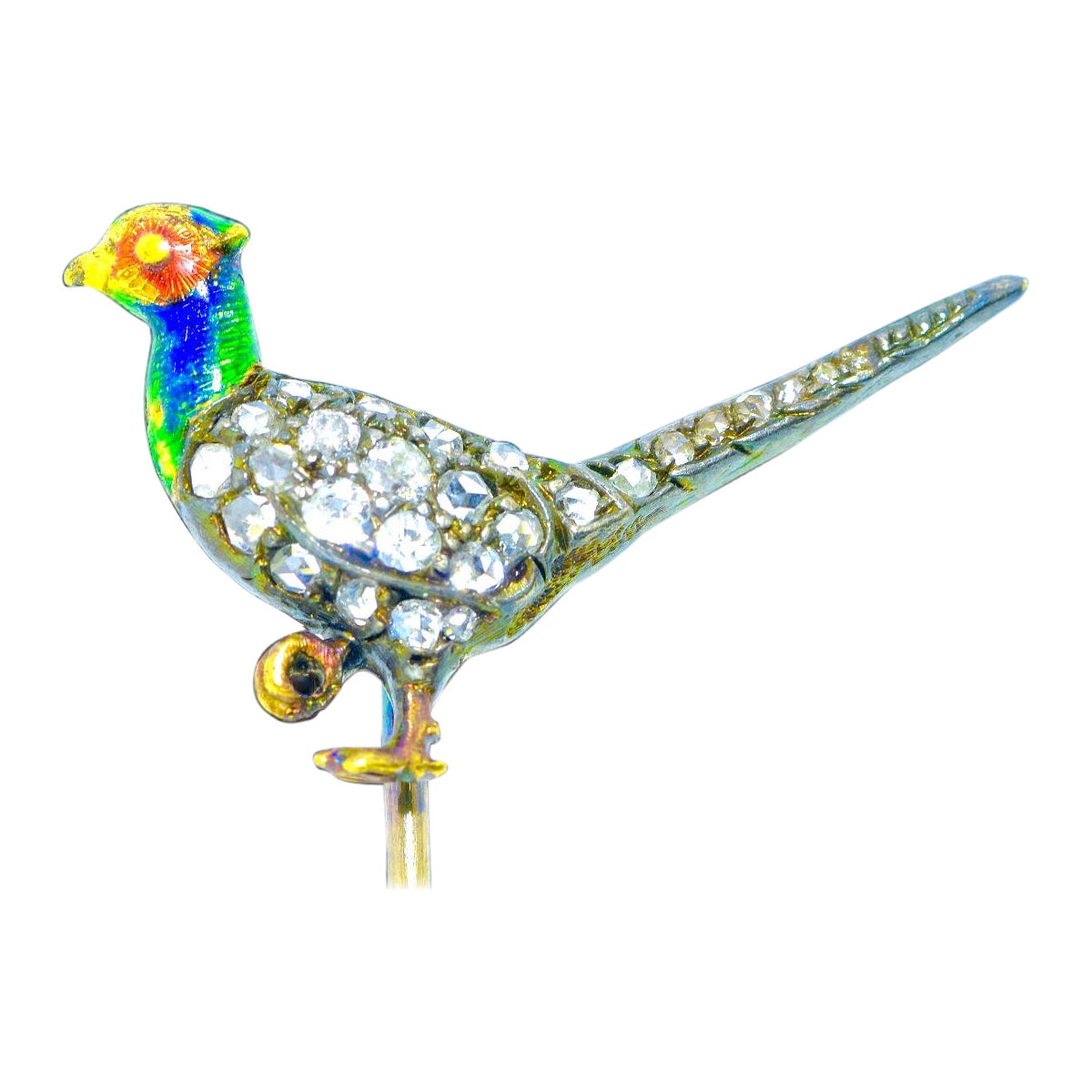 Antique Old Cut Diamond and Enamel Stick Pin of a Pheasant, c. 1875