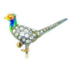 Antica spilla a bastone con diamanti e smalti antichi raffigurante un fagiano, 1875 ca.