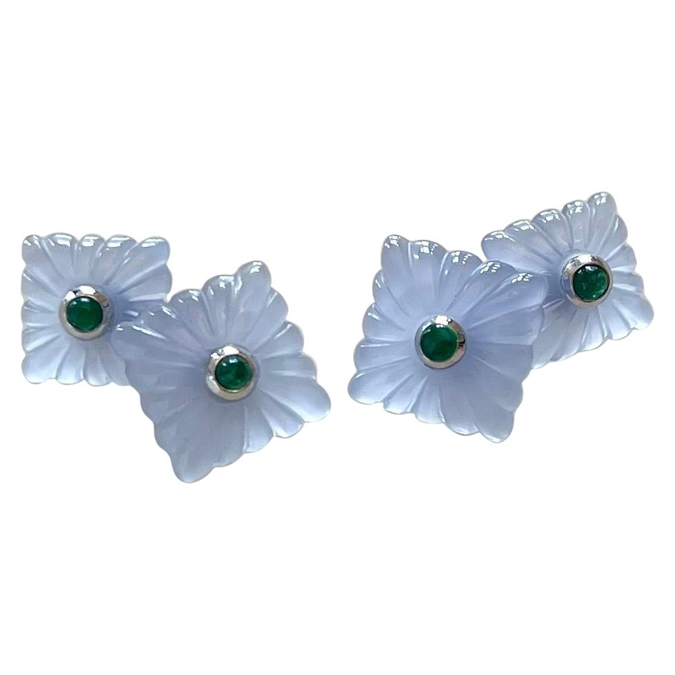 18 Karat White Gold Chalcedony and Emeralds Double Square Cufflinks