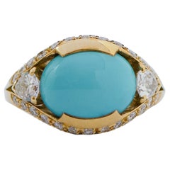 Turquoise, Diamonds, 18 Karat Yellow Gold Ring.