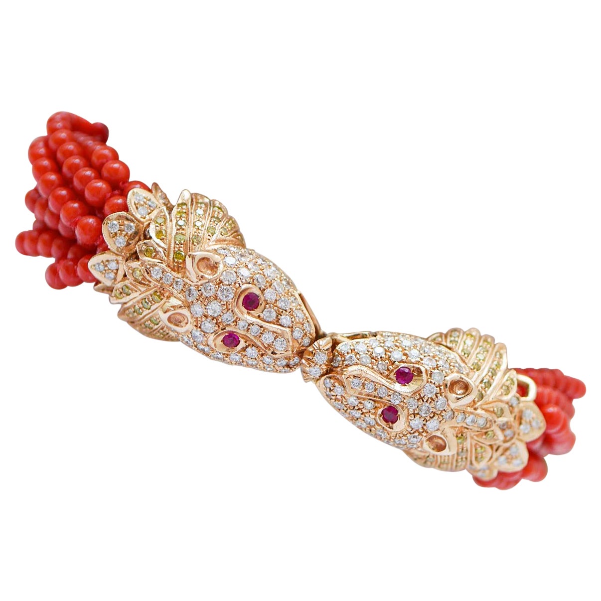 Koralle, Rubine, Diamanten, 14 Karat Roségold-Armband.