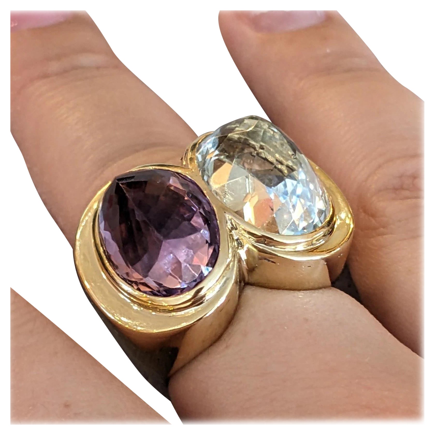 Gran Anillo de Declaración de Aguamarina y Amatista en Oro Amarillo de 18k