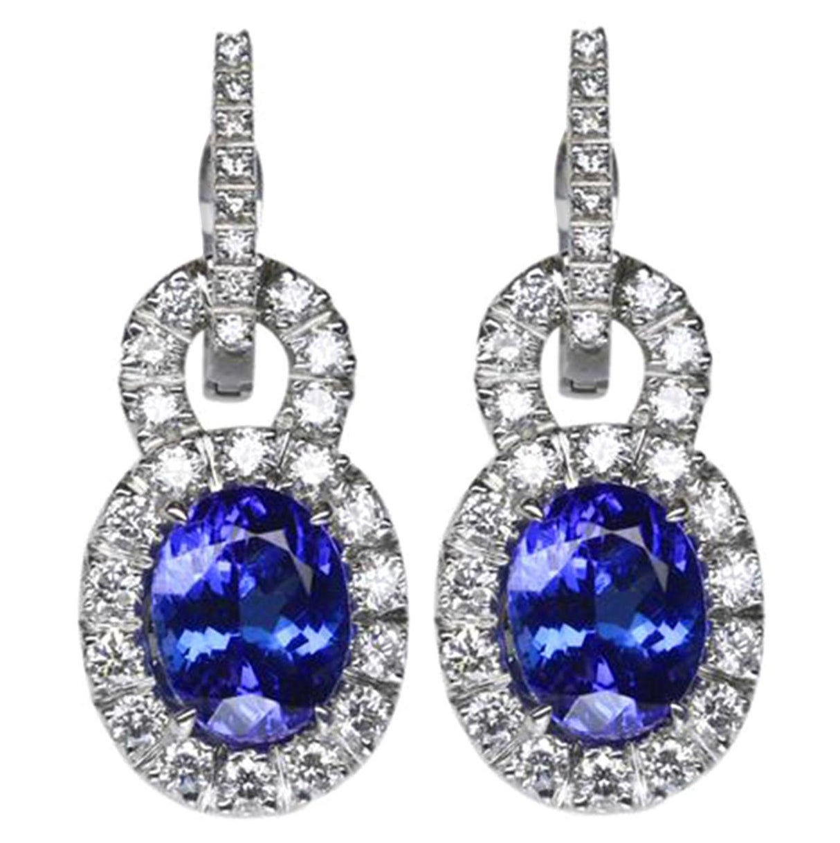 6.50 Carat Vivid Blue Tanzanite Diamond Drop Gold Earrings Estate Fine Jewelry
