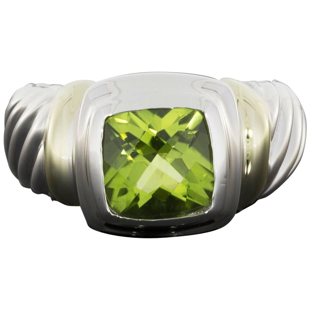 David Yurman Silver and Gold Cushion Peridot Noblesse Ring