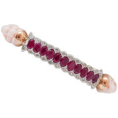Coral, Rubies, Diamonds, Rose Gold and Silver Bracelet.