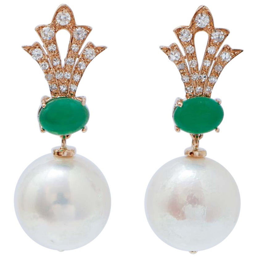 13 Mm White Pearls, Agate, Diamonds, 14 Karat Rose Gold Earrings.