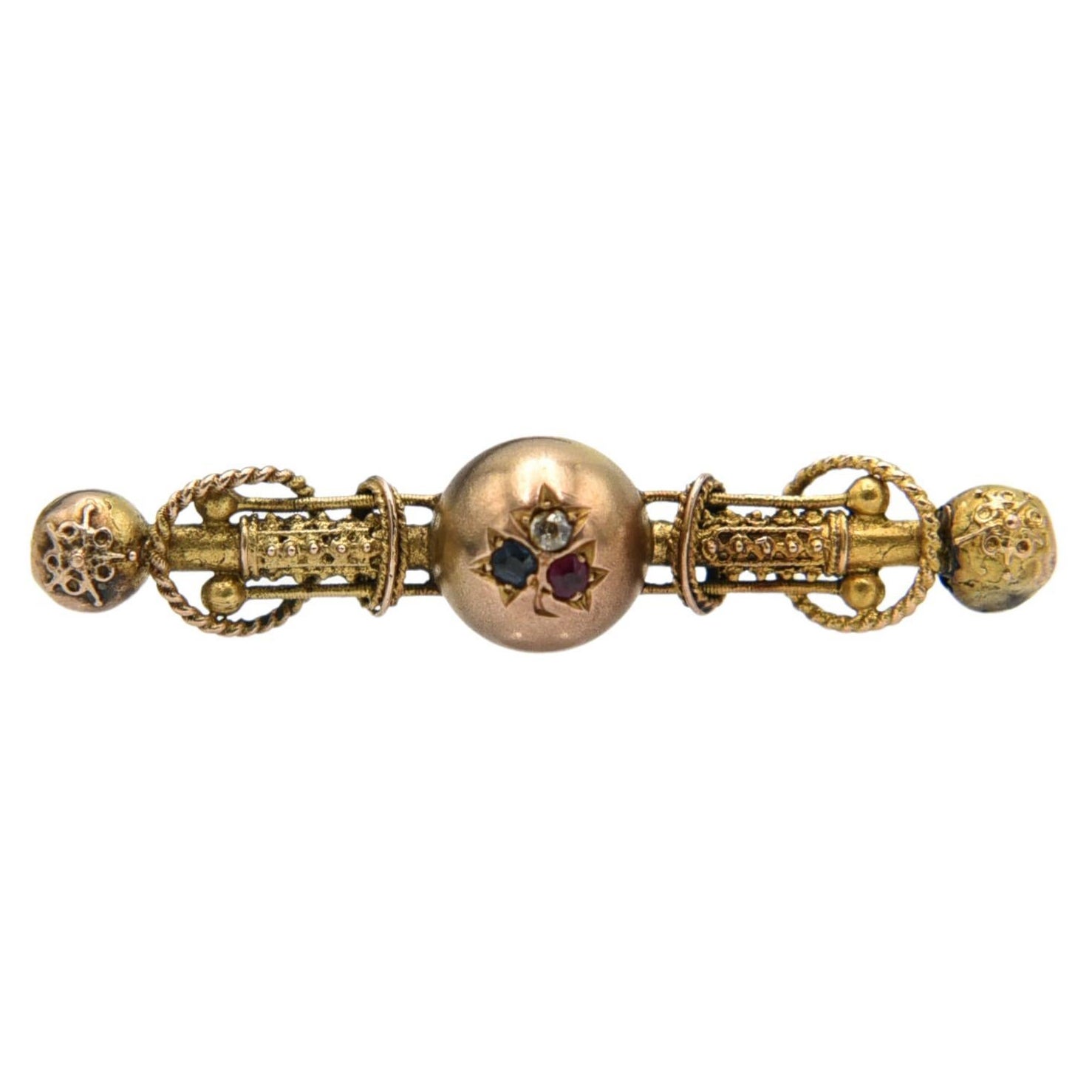 Old gold brooch with diamond, ruby and sapphire, late 19th century