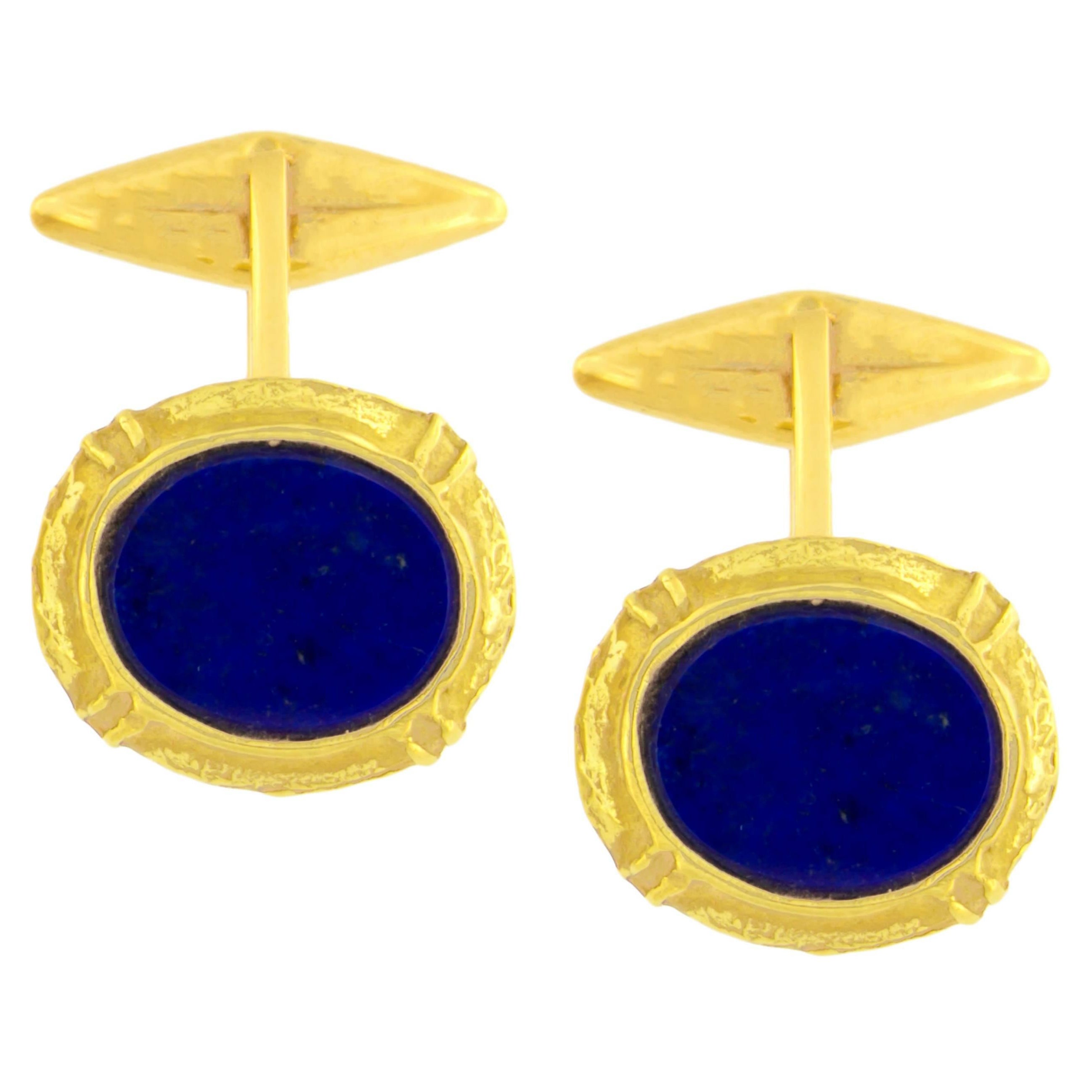 Sacchi Lapis Lazuli Gemstone 18 Karat Satin Yellow Gold Oval Cufflinks