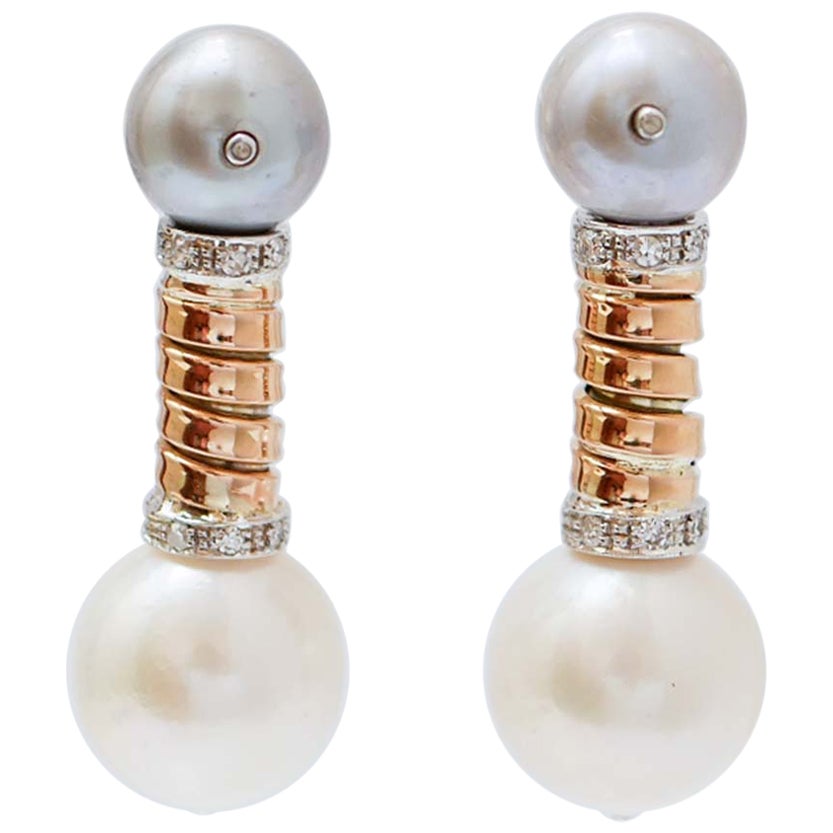 White Pearls, Grey Pearls, Diamonds, 18 Kt Gold and 14 Kt Gold Tubogas Earrings.