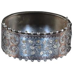 Antique Victorian Silver Gold Forget-Me-Not Bangle Bracelet circa 1880