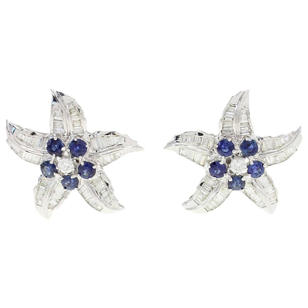  Baguette Cut Diamond Blue Sapphire Star Earrings For Sale
