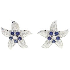 Retro  Baguette Cut Diamond Blue Sapphire Star Earrings