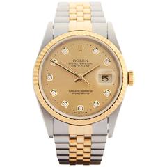 Rolex Stainless Steel Yellow Gold Datejust Diamond Dial Automatic Wristwatch
