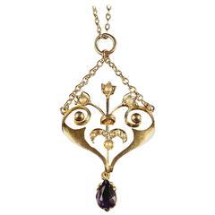 Victorian Amethyst Pearl Gold Pendant Lavaliere Necklace circa 1880