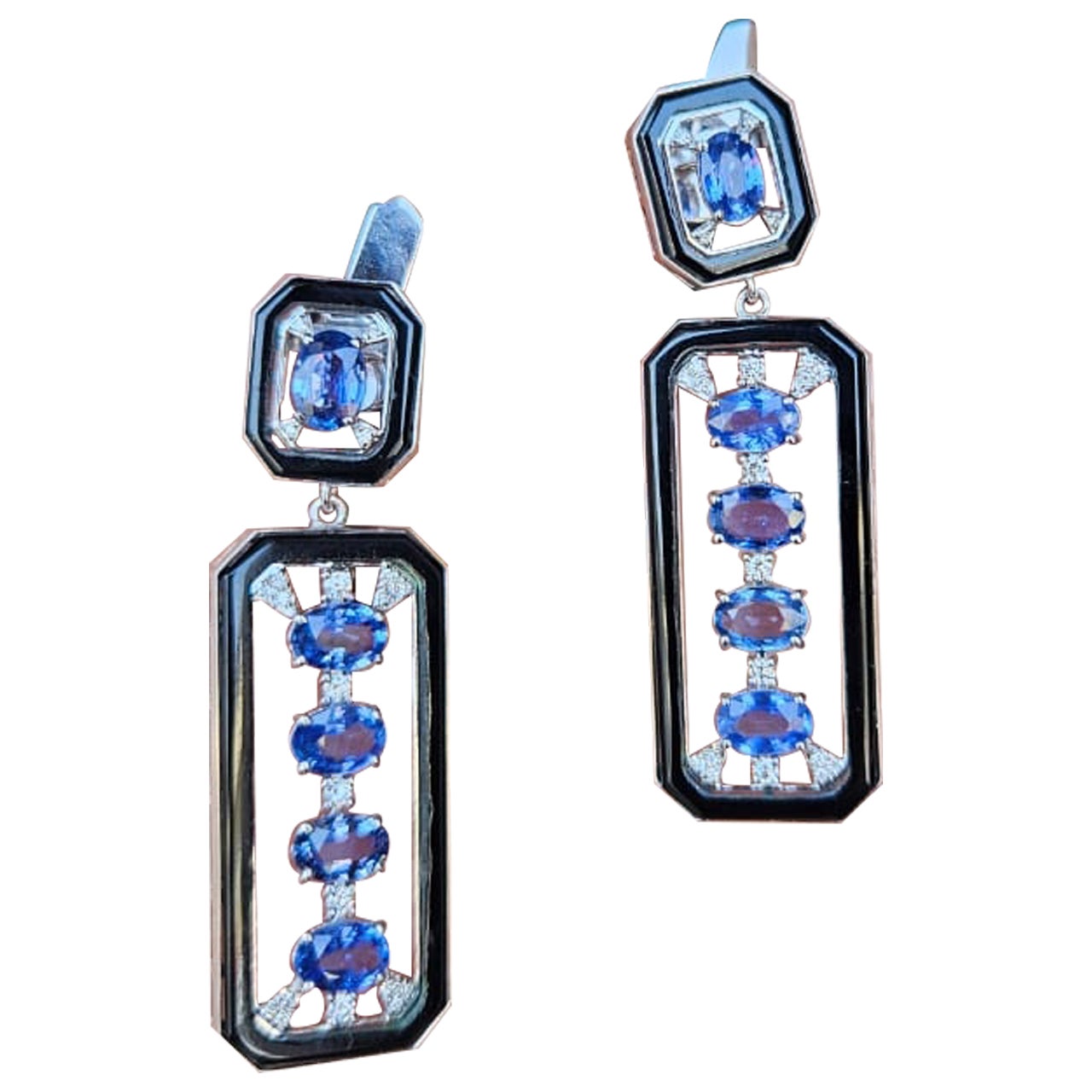 Set in 18K Gold, Ceylon Blue Sapphires, Black Onyx & Diamonds Dangle Earrings